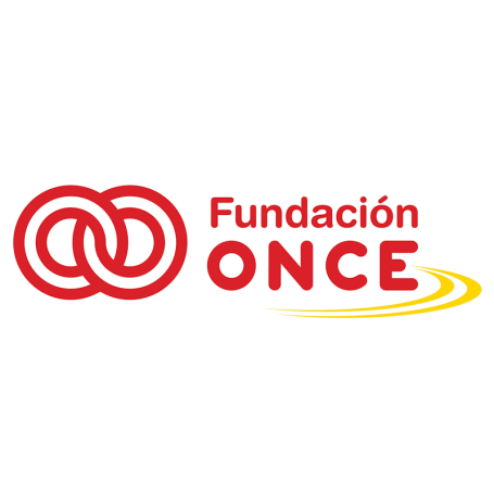 Logotipo de la Fundación ONCE con dos anillas entrelazadas y texto en rojo y amarillo.